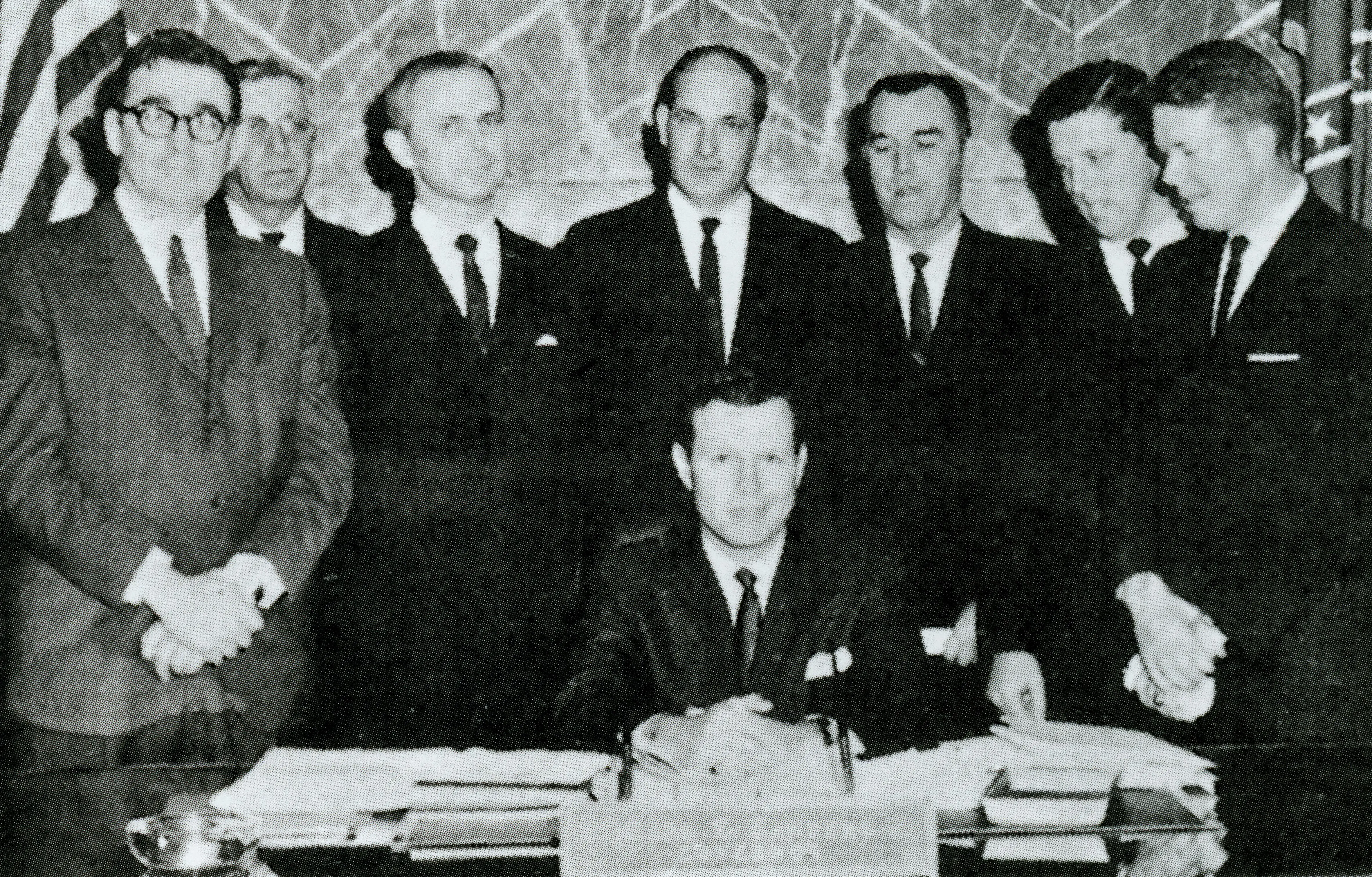 #8 Sen. Carter (far right) with Gov. Carl Sanders (center) during announcement ceremony in Atlanta to make GSC a four-year school - Courtesy of Georgia Southwestern State University